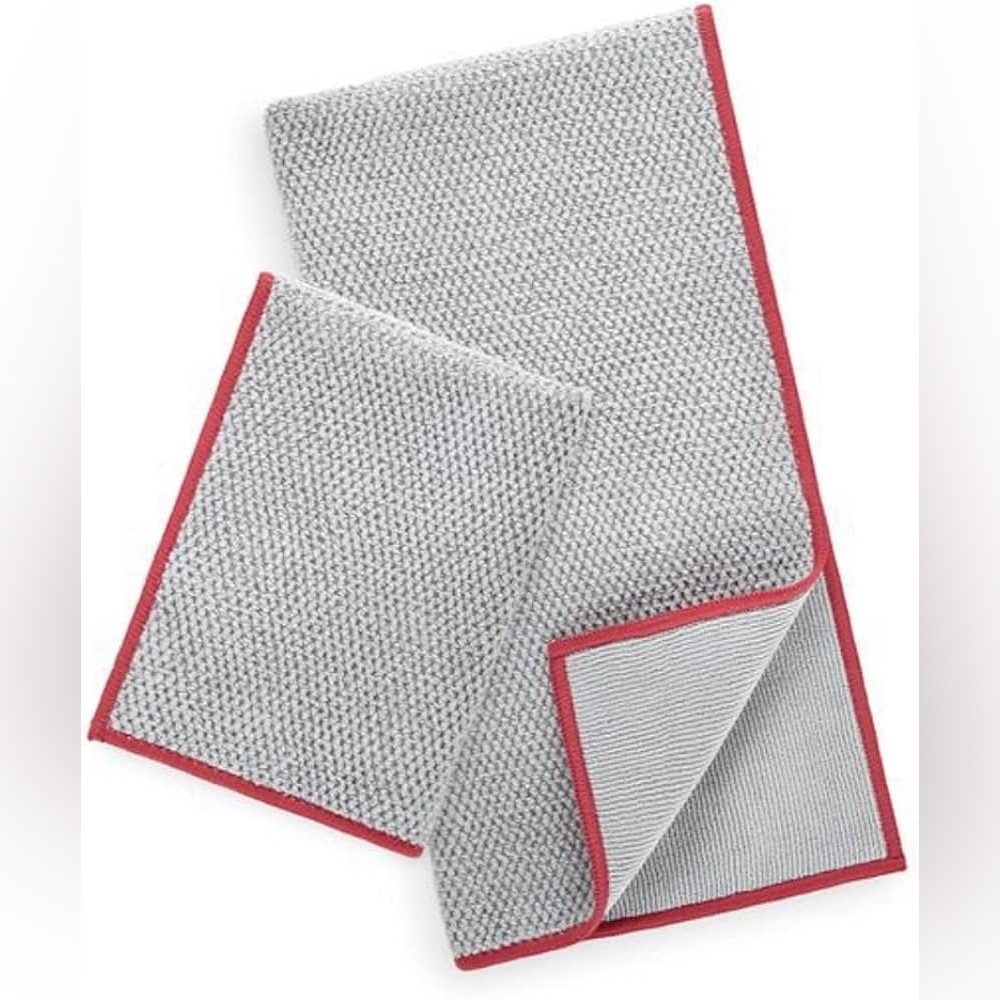Norwex Diamond Weave Kitchen Towel and Cloth Set Graphite w Cranberry Trim NEW